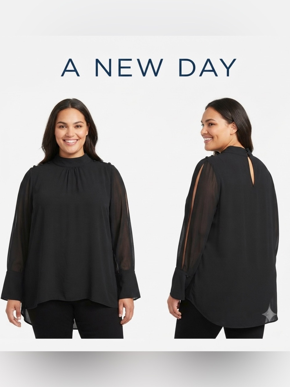 A New Day Black Mock Neck Slit Sleeve High/Low Blouse XXL